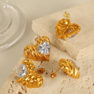 1 pair simple series retro heart stainless steel  gold plated zircon women stud earrings h5 Picture7