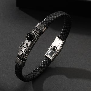 1 paio di bracciali da uomo in pelle con pietre naturali e geometrici retrò, serie etnica h5 Immagine4