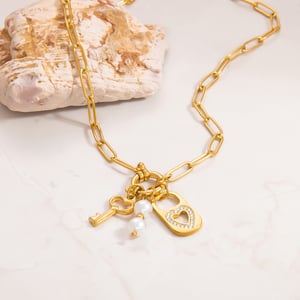 1 piece classic series retro lock and key stainless steel  gold color plated rhinestone women's pendant necklaces h5 Picture5