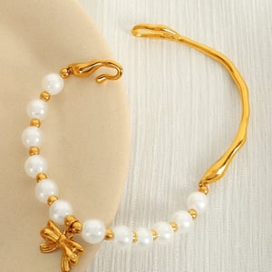 1 piece classic series retro bow knot stainless steel  gold plated artificial pearl women beaded bracelets h5 Picture5