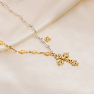 1 piece classic series daily cross stainless steel  gold color plated artificial pearl women's pendant necklaces h5 Picture4