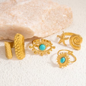 1 Piece Luxurious Series Elegant Eye Shape Nature Stone Stainless Steel Gold Color Women's Adjustable Rings h5 Picture5