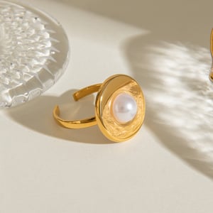 1 paio di anelli regolabili da donna in acciaio inossidabile placcato oro  con perle artificiali della serie semplice h5 Immagine2