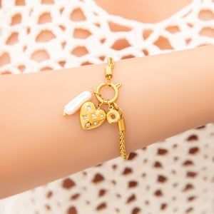 1 piece romantic series elegant heart stainless steel  gold color plated artificial pearl women's charm bracelets h5 Picture5