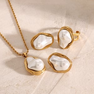 1 pair simple series elegant geometric stainless steel  gold plated shell women adjustable rings h5 Picture3