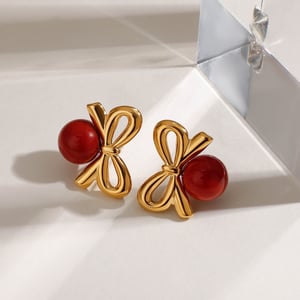 1 Pair Gorgeous Series Retro Bowknot Red Sphere Stainless Steel Gold Color Women's Stud Earrings h5 Picture5