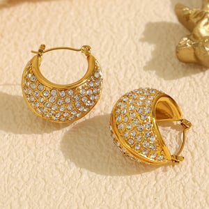 1 pair luxurious series classic geometric stainless steel  gold plated rhinestone women hoop earrings h5 Picture3