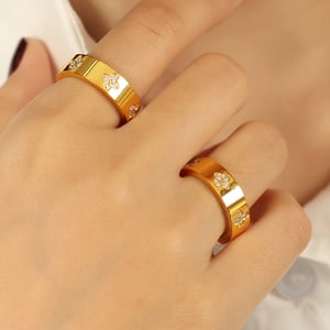 1 pair classic series chic geometric titanium steel  gold color plated zircon women's single rings h5 Picture5