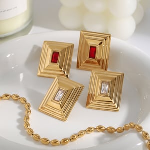 1 Pair Luxurious Series Retro Quadrilateral Shape Chic Stainless Steel Gold Color Women's Stud Earrings h5 Picture7