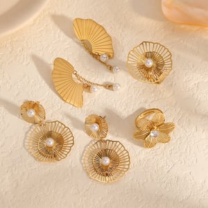 1 pair simple series daily flower stainless steel  gold plated artificial pearl women stud earrings h5 Picture3