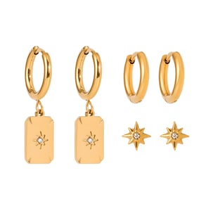 1 Paar Retro-Ohrringe-Set mit achtzackigem Stern aus der Simple Series aus Edelstahl mit 18 Karat vergoldetem Strass für Damen h5 Bild5