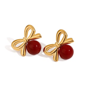 1 Pair Gorgeous Series Retro Bowknot Red Sphere Stainless Steel Gold Color Women's Stud Earrings h5 Picture6