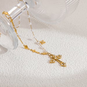1 piece classic series daily cross stainless steel  gold color plated artificial pearl women's pendant necklaces h5 Picture6