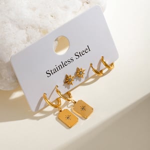 1 Paar Retro-Ohrringe-Set mit achtzackigem Stern aus der Simple Series aus Edelstahl mit 18 Karat vergoldetem Strass für Damen h5 Bild2
