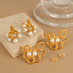 1 pair romantic series retro flower stainless steel  gold plated artificial pearl women stud earrings h5 Picture3