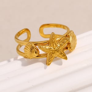 Starfish & Shell Stainless Steel Gold Color Adjustable Rings h5 Picture3
