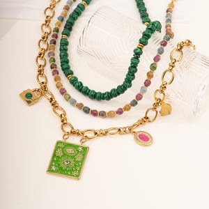 1 Piece Luxurious Series Bohemian Green Eye Tarot Stainless Steel Gold Color Women's Beaded Necklaces h5 Picture4