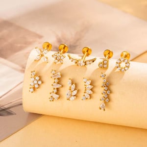 1 Piece Stainless Steel Gold Color  Zircon Piercings Earrings h5 Picture3