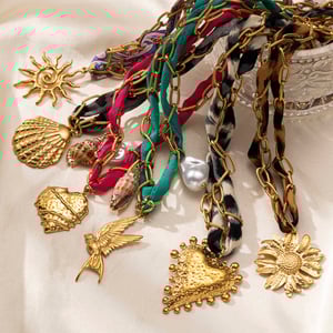 1 Piece Retro Heart Stainless Steel Gold Color Fabric Pendant Necklace h5 Picture5