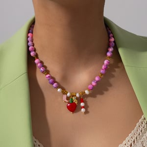 1 Piece Bright-coloured Heart Natural Stones Gold Color Women's Beaded Necklaces h5 Picture5