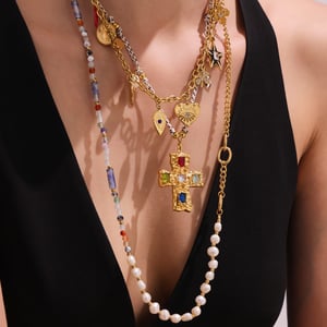 1 Piece Classic Cross Pearl Beads Stainless Steel Gold Color Zircon Women's Pendant Necklaces h5 Picture2