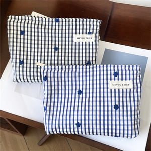 1 Stück karierte blau getönte bestickte kleine Blumen-Kosmetiktasche für Damen h5 Bild3