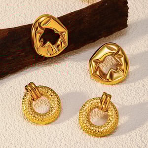 1 Pair Classic Hammer Pattern Stainless Steel  Gold Color Stud Earrings h5 Picture2