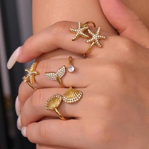 1 Piece Oceanic Starfish Stainless Steel Gold Color Women's Gemstone Rings h5 Picture4
