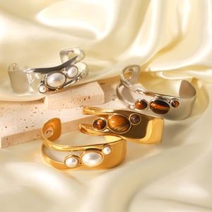 1 Pair Simple Series Daily Stainless Steel Gold Color Pearl Women's Bangles h5 Picture4