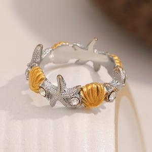 1 Piece Designable Starfish & Shell Stainless Steel Gold Color Statement Rings h5 Picture3