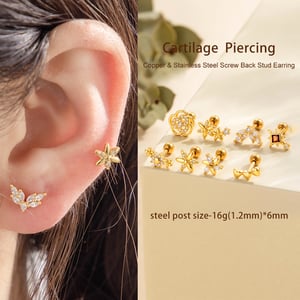 1 Piece Flower Heart Copper Gold Color Zircon Piercing Earring h5 Picture4