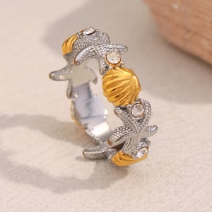 1 Piece Designable Starfish & Shell Stainless Steel Gold Color Statement Rings h5 Picture2