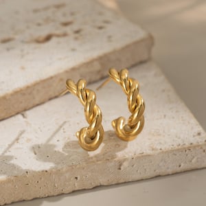 1 Pair Thread Stainless Steel Gold Color Hoop Earrings h5 Picture4