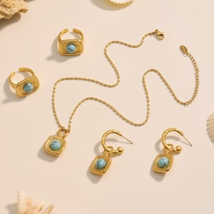 1 Piece Retro Rectangle Turquoise Stainless Steel Gold Color Natural Stone Women's Jewelry Sets h5 Picture2