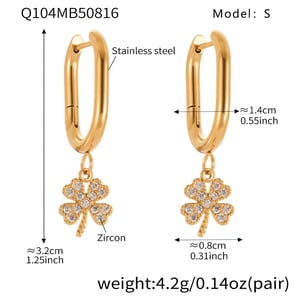 1 Pair Elegant Clover Stainless Steel Gold Color Zircon Women's Drop Earrings h5