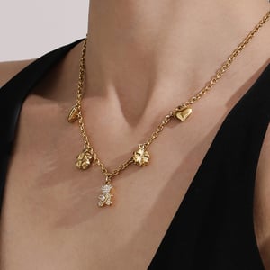 Cute Bear Clover Stainless Steel Gold Color Women's Jewelry Sets h5 Picture5