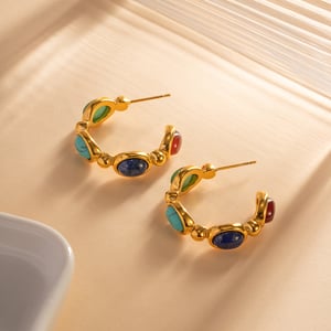 1 Pair Elegant Natural Stone Circle Stainless Steel Gold Color Women's Hoop Earrings h5 Picture7