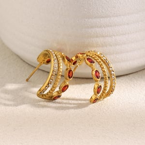 1 Pair Classic Stainless Steel Gold Color Red Zircon Women's Hoop Earrings h5 Picture5