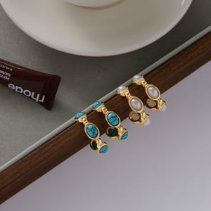 1 Pair Elegant Natural Stone Circle Stainless Steel Gold Color Women's Hoop Earrings h5 Picture6