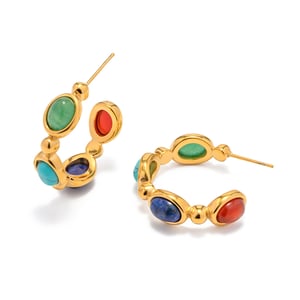 1 Pair Elegant Natural Stone Circle Stainless Steel Gold Color Women's Hoop Earrings h5