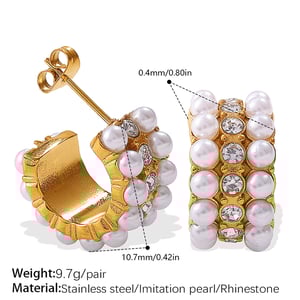 1 Pair Stainless Steel Gold Color Rhinestone Pearl Hoop Earrings h5
