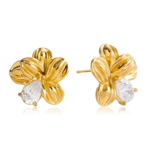 1 Pair Romantic Flower Stainless Steel Gold Color Zircon Women's Stud Earrings h5