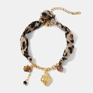 Leopard Fabric Strawberry Stainless Steel Gold Color Charm Bracelet h5 Picture2