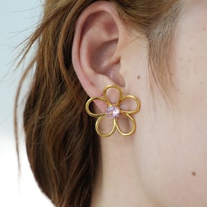 1 Pair Simple Natural Flower Stainless Steel  Gold Color Zircon Statement Rings h5 Picture7