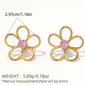 1 Pair Simple Natural Flower Stainless Steel  Gold Color Zircon Statement Rings h5 Picture2