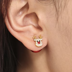 1 Pair Christmas Elk Stainless Steel Gold Color Zircon Women's Stud Earrings h5 Picture5