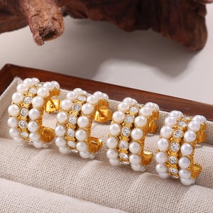 1 Pair Stainless Steel Gold Color Rhinestone Pearl Hoop Earrings h5 Picture2