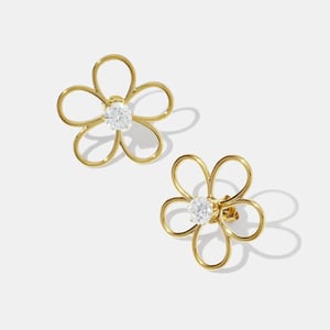 Simple Flower Stainless Steel Gold Color Zircon Stud Earrings h5 Picture2