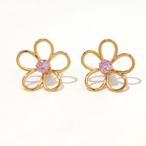 1 Pair Simple Natural Flower Stainless Steel  Gold Color Zircon Statement Rings h5