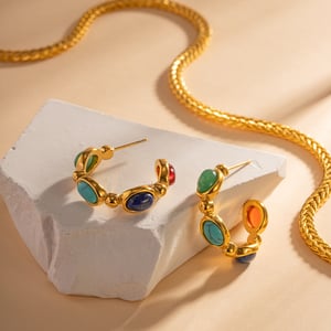 1 Pair Elegant Natural Stone Circle Stainless Steel Gold Color Women's Hoop Earrings h5 Picture9